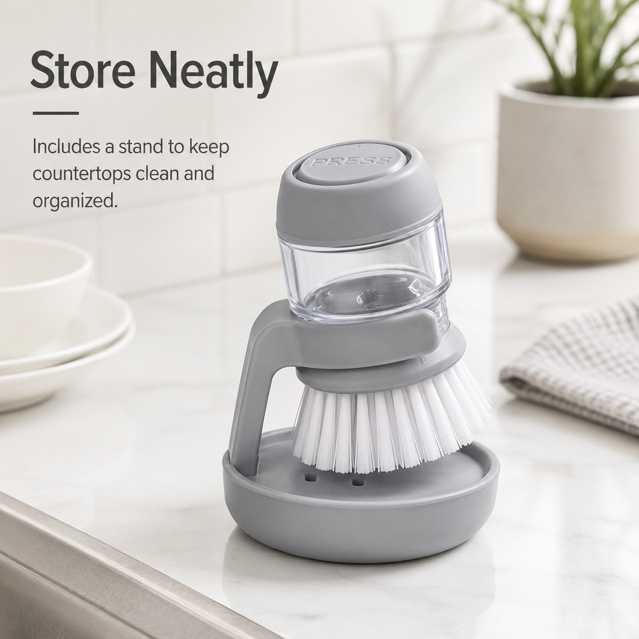 🎉 50k+ Sold 🧼 Soap Dispensing Dish Brush with Holder for Kitchen Sink & Cookware Cleaning